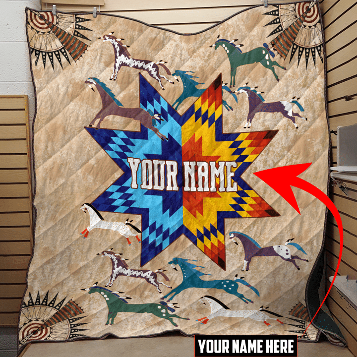Native American Indian Horse With Native Star Ledger Art Customized 3D All Over Printed Quilt - 