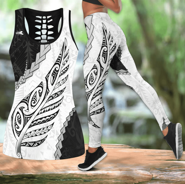 Paua Shell Maori Silver Fern tank top & leggings outfit for women PL - Amaze Style™-Apparel