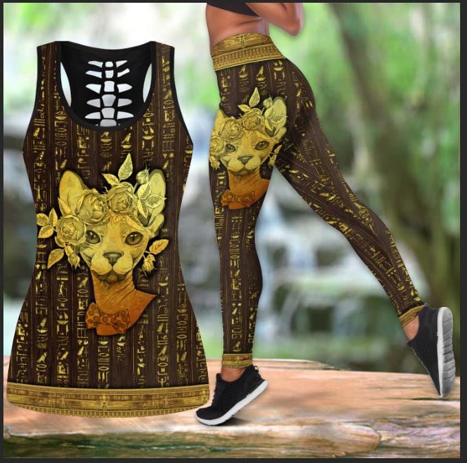 Sphynx Cat in a rose tattoos combo outfit legging + hollow tank for women PL - Amaze Style™-Apparel
