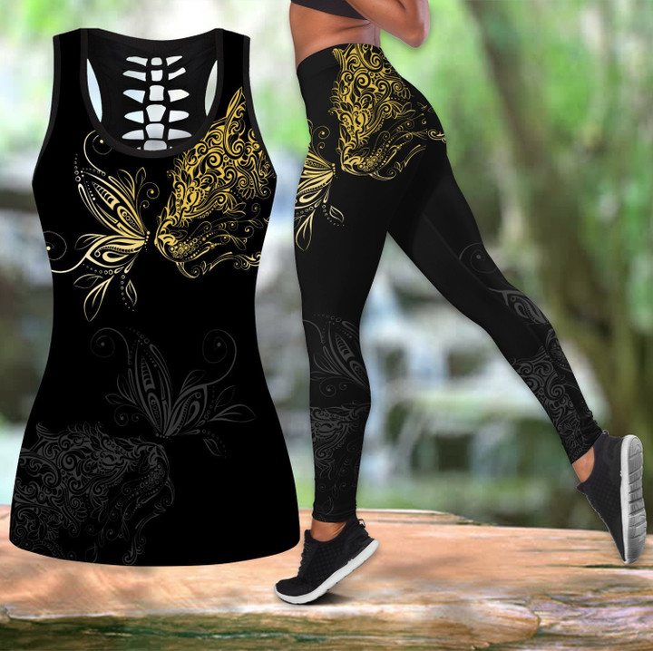 Cat & Butterfly tattoos combo outfit legging + hollow tank for women PL - Amaze Style™-Apparel