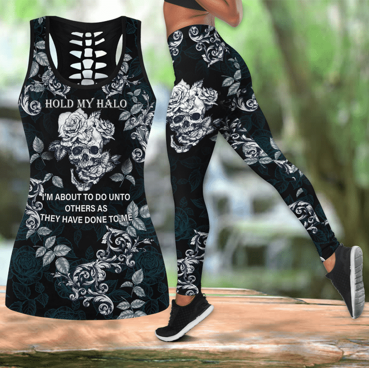 Combo hold my halo skull gothic punk rock tank top & leggings outfit for women PL20032001 - Amaze Style™-Apparel