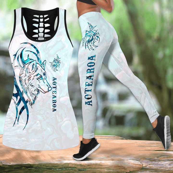 Combo Paua shell wolf tattoo tank top & leggings outfit for women - Amaze Style™-Apparel