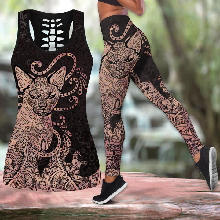 Sphynx cat tattoos combo outfit legging + hollow tank for women PL - Amaze Style™-Apparel