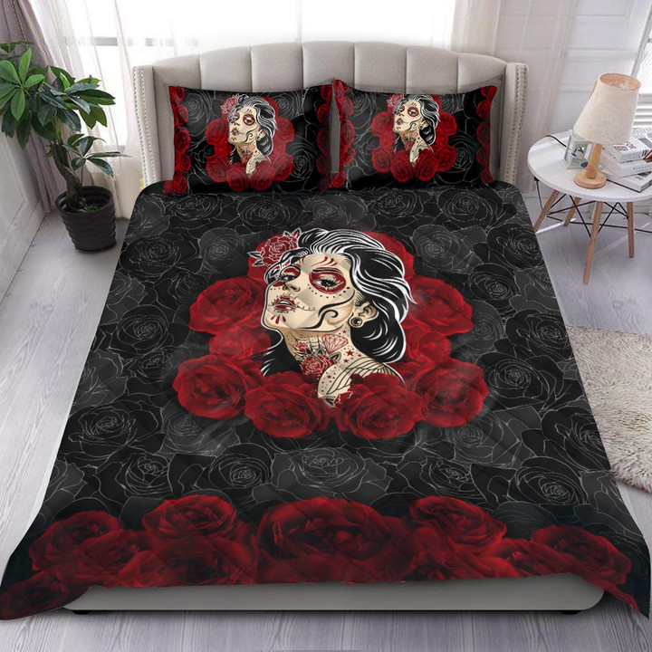 Quilt bedding set love rose and skull PL - Amaze Style™-Bedding Set