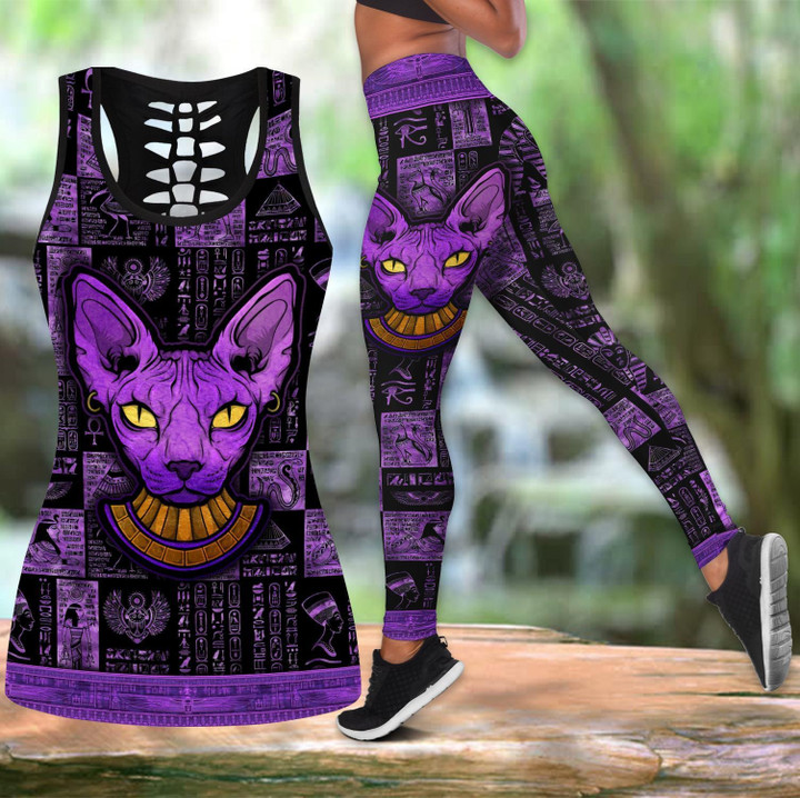 Egyptian sphynx cat tattoos combo outfit legging + hollow tank for women PL - Amaze Style™-Apparel