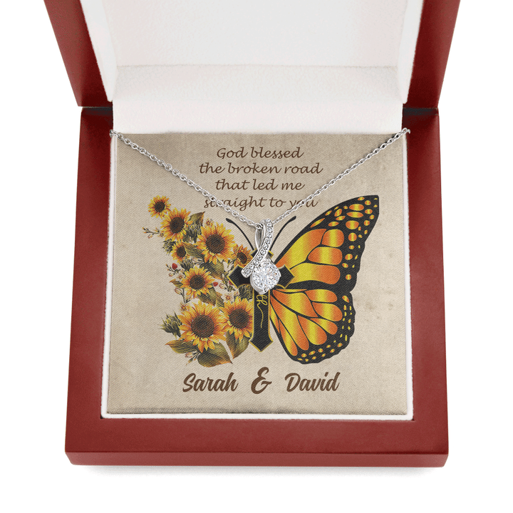 God Blessed The Broken Road That Led Me Straight To You Jesus Valentine Butterfly With Sunflower Customized Alluring Beauty Necklace - 