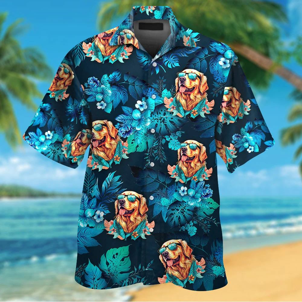Golden Retriever Dog Wearing Sunglass Funny Hawaiian Shirt