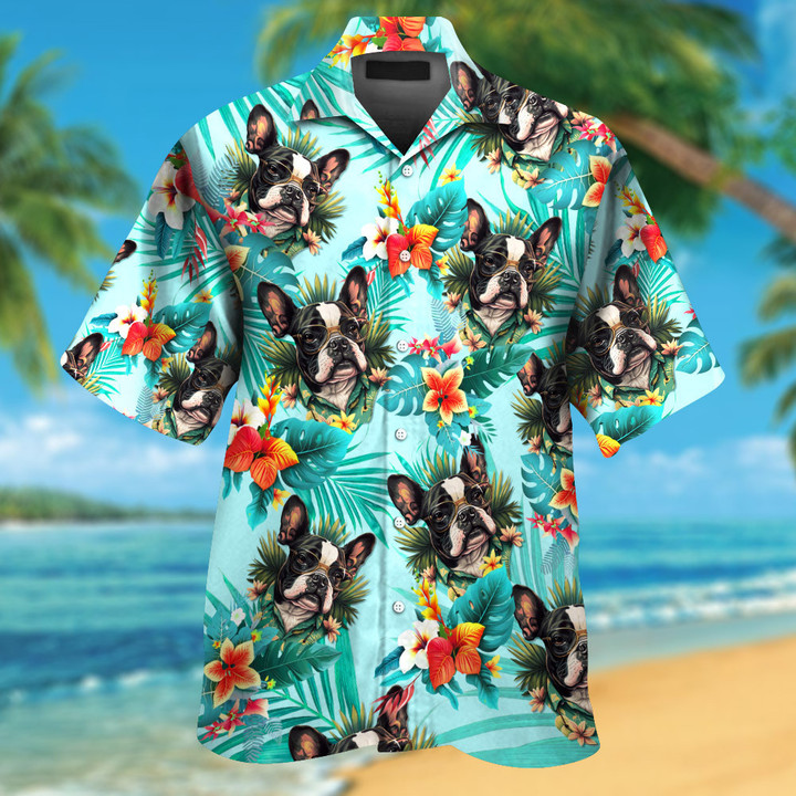 Boston Terrier Dog Wearing Sunglass Funny Colorful Hawaiian Shirt