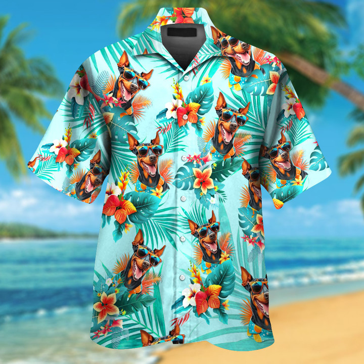 Doberman Pinscher Dog Wearing Sunglass Funny Colorful Hawaiian Shirt