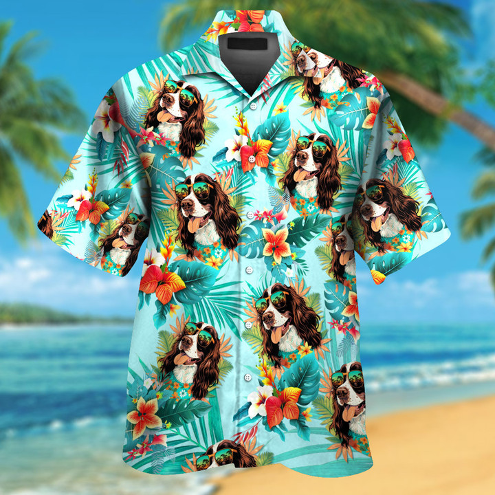 English Springer Spaniel Wearing Sunglass Funny Colorful Hawaiian Shirt