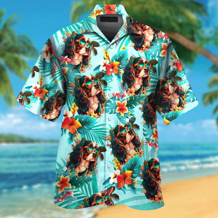 Cavalier King Charles Spaniel Wearing Sunglass Funny Colorful Hawaiian Shirt