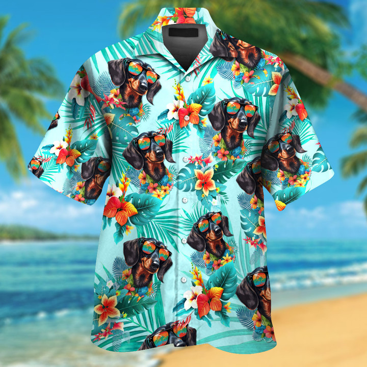 Dachshund Dog Wearing Sunglass Funny Colorful Hawaiian Shirt