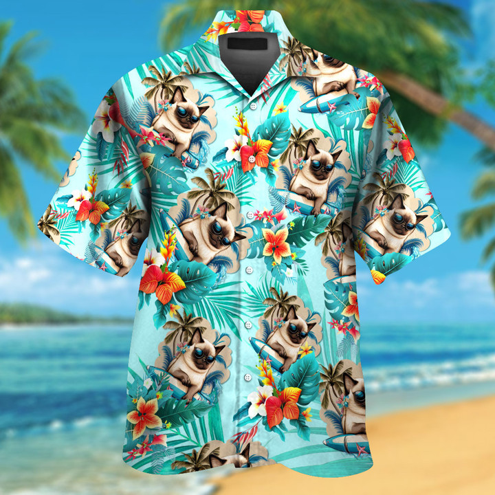 Siamese Cat Wearing Sunglass Funny Colorful Hawaiian Shirt