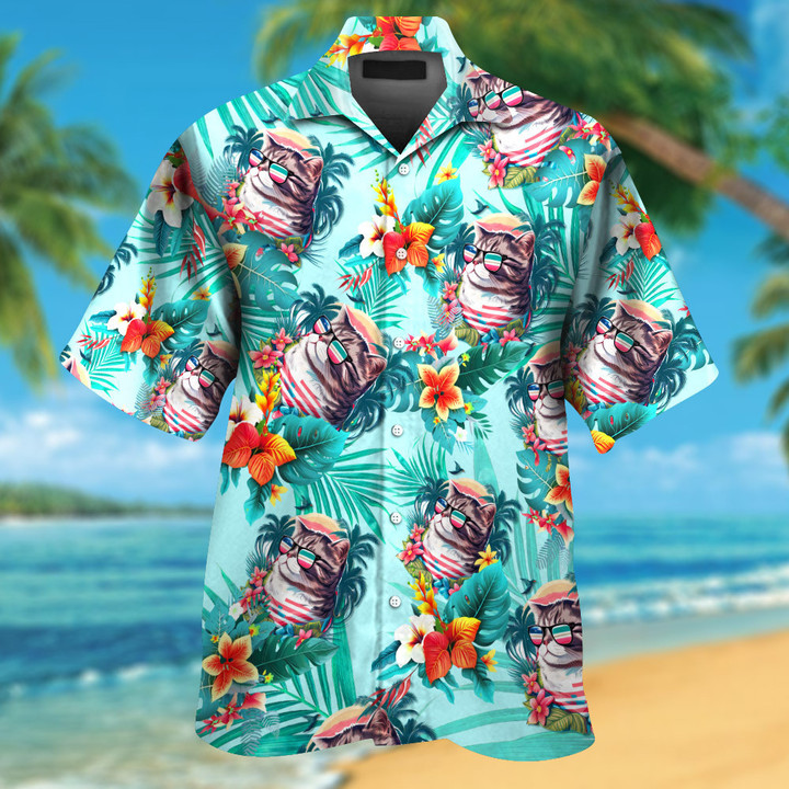 Scottish Fold Cat Wearing Sunglasses Funny Colorful Hawaiian Shirt