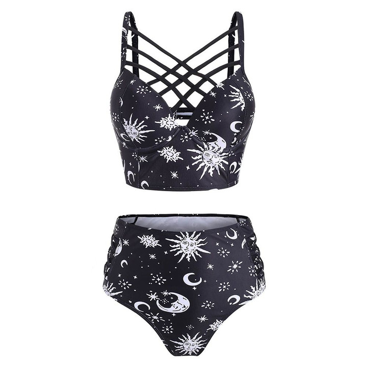 Women Cute Sun Star Moon Lattice High Waisted Bikini Set