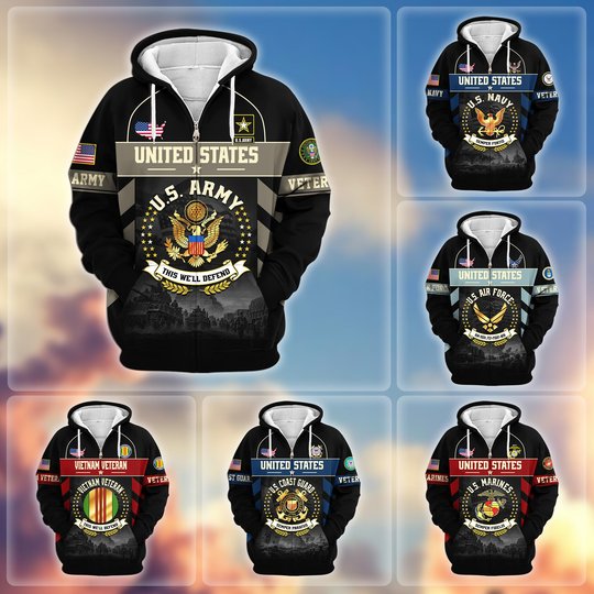 Premium US Veteran Zip Up Hoodie BTTN221021, Gifts For US Veterans, Gifts For Veterans Day.