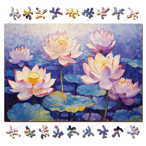 Pure Petals - Lotus Wooden Jigsaw Puzzle: A3 Size (4mm Thickness) - Challenging, High Quality with Gemturt's Unique Line-Cut