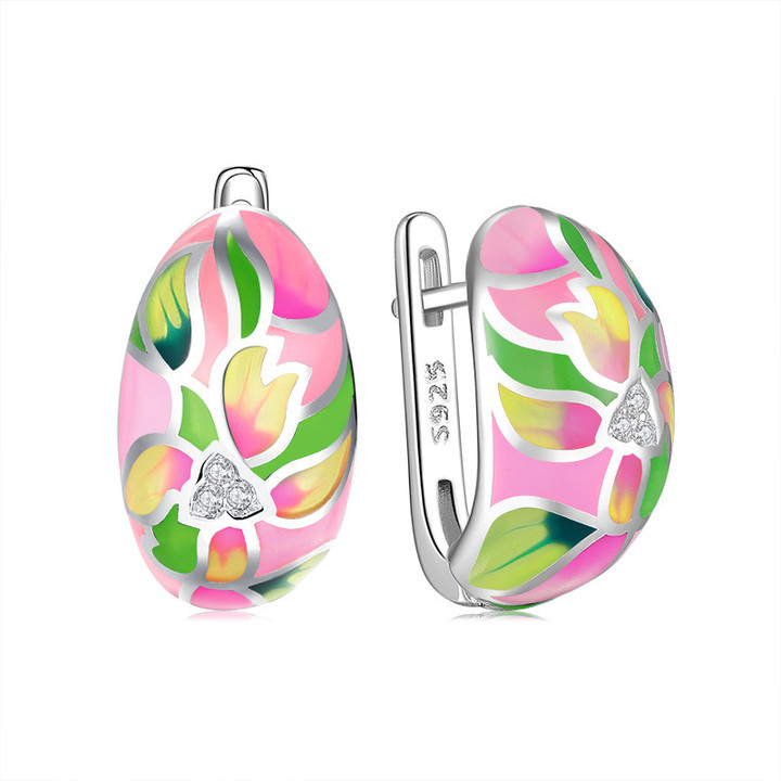 Pink & Green Clashing Flowers 925 Sterling Silver Enamel Huggie Earrings