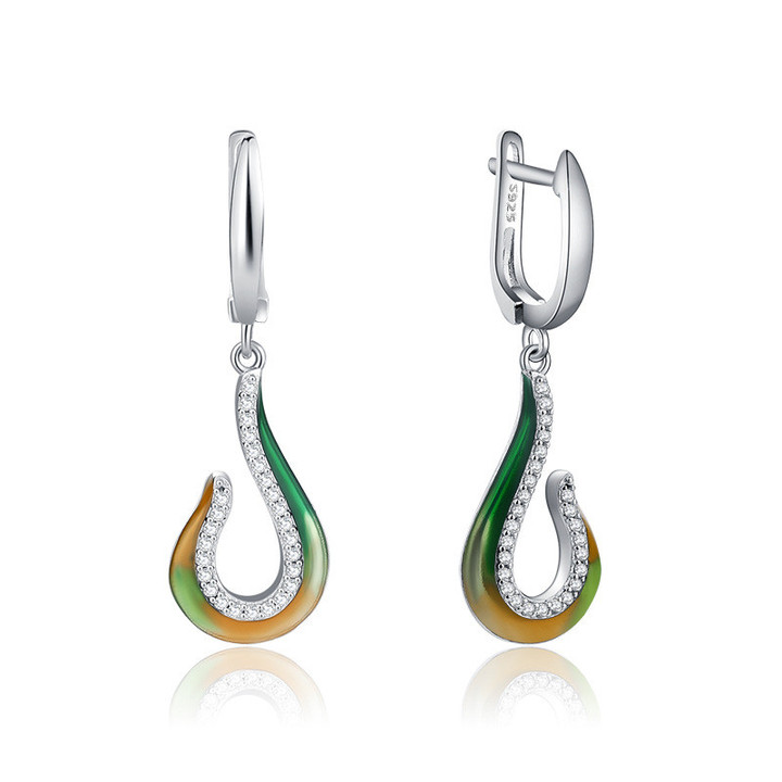Green Tasseled Solid Colour Inlaid Zirconia Curved Earrings