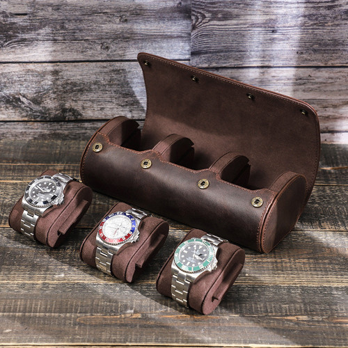 Premium Vintage Elliptical Leather Watch Storage Box for 3 Watches