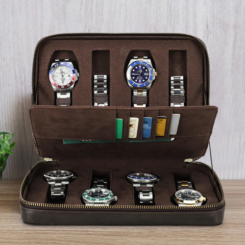 Genuine Crazy Horse Leather Double-Layer 8 Watch Storage Box - Multifunctional Travel Organizer