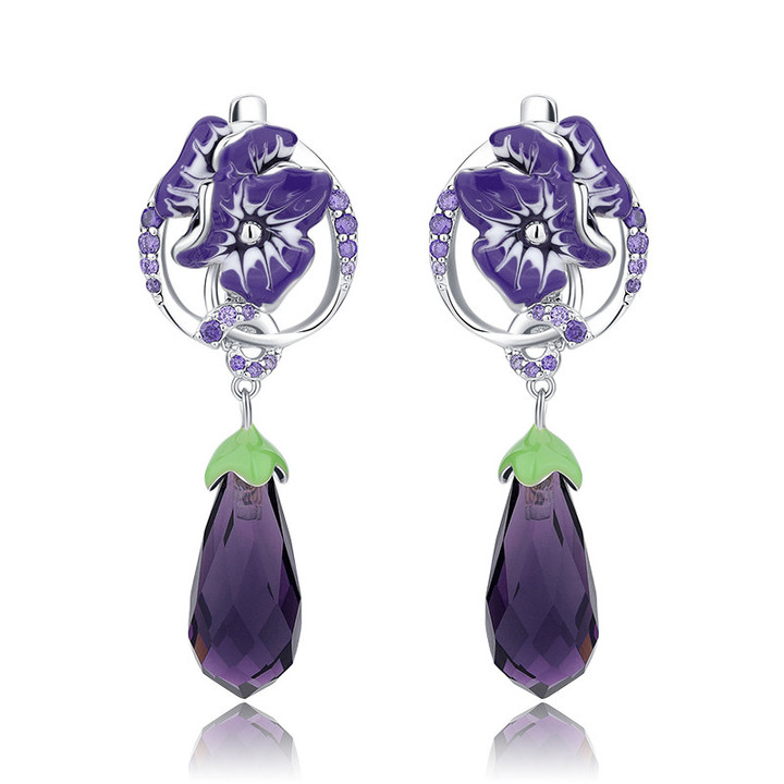 Purple Noble Epoxy Flower Cut Crystal 925 Sterling Silver Enamel Dangle Earrings