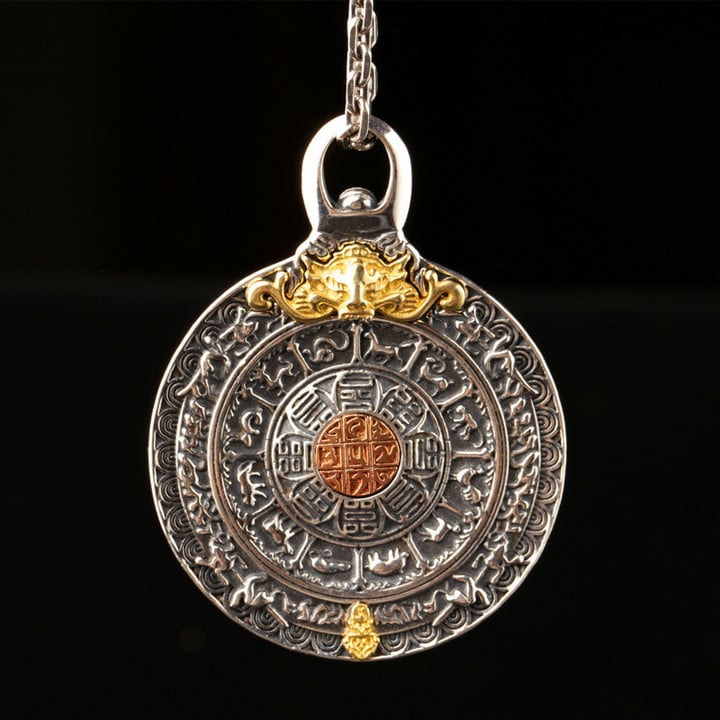 Tibetan Nine Palaces & Gossip Zodiac Signs Retro Pendant 925 Sterling Silver