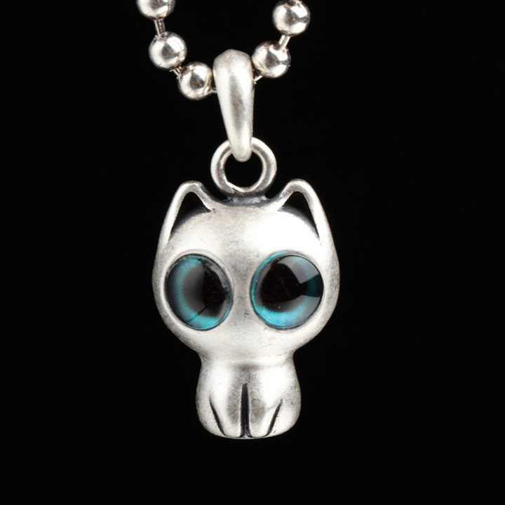 Cartoon Big Eye Cat Retro Pendant 925 Sterling Silver Personalized Creative Pendant