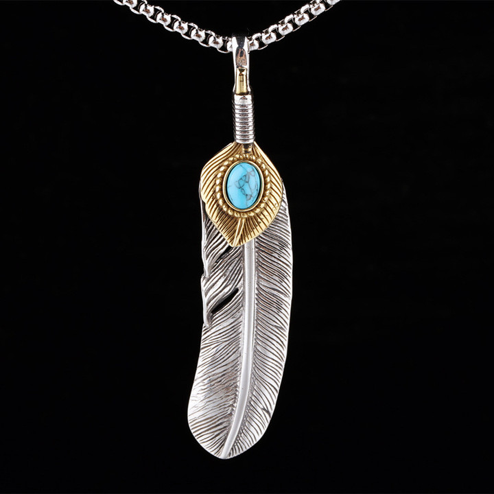 Inlaid Blue Turquoise Feathers Retro Pendant 925 Sterling Silver Personalized Creative Pendant