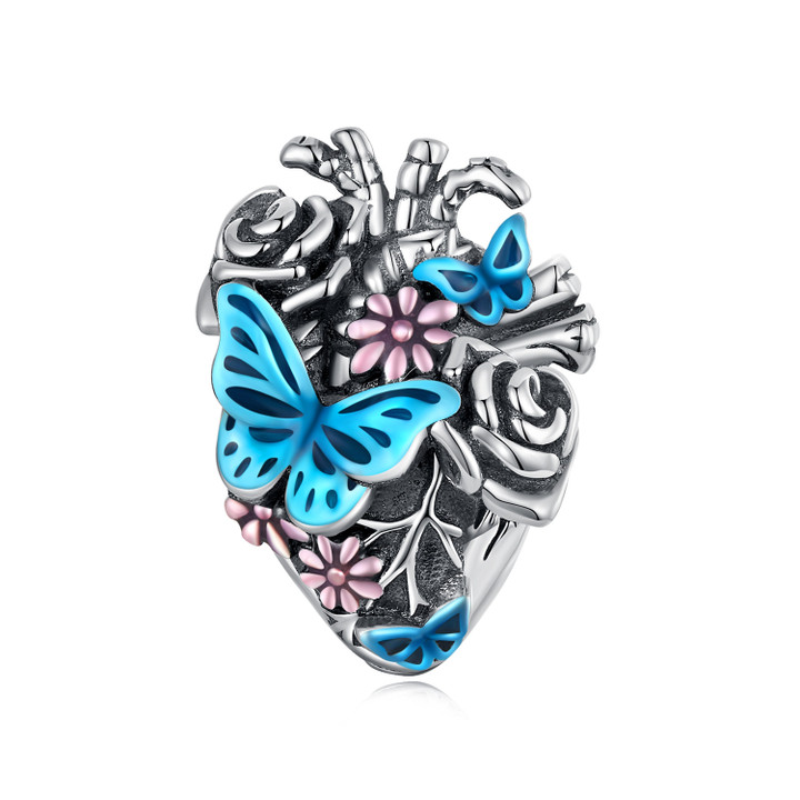 Heart & Butterfly Bead Charm 925 Sterling Silver Charm Fits For Pandora Bracelet Necklace, Cubic Zirconia, Created Cubic Zirconia