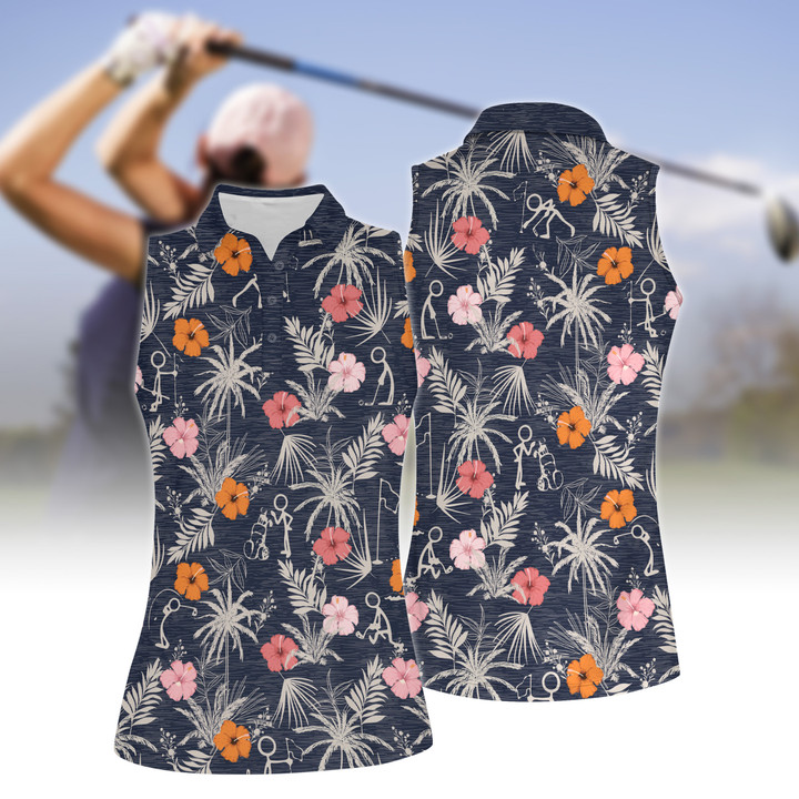 Funny Golf Stick Figures Flower Women Short Sleeve Polo Shirt, Sleeveless Polo Shirt