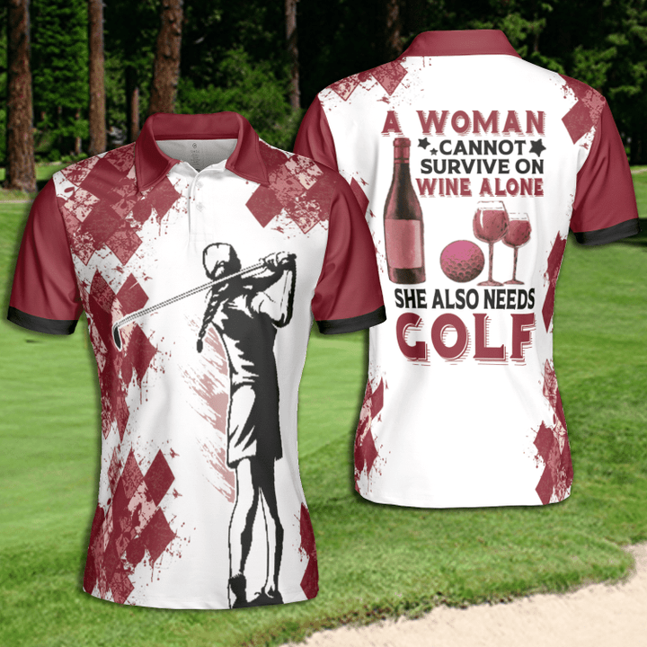 Golf Women A Woman Survive On Golf And Wine Short Sleeve Woman Polo Shirt