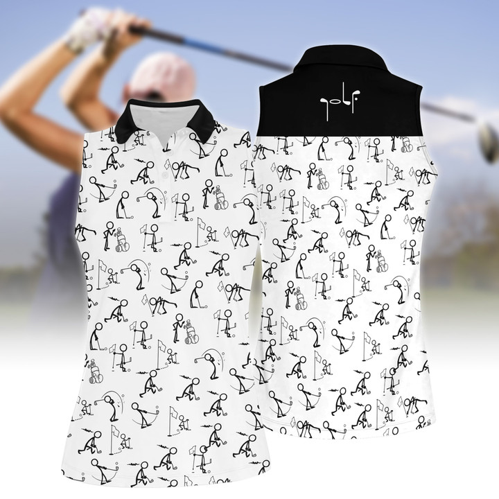 Stickfigures Playing Golf Women Short Sleeve Polo Shirt, Sleeveless Polo Shirt