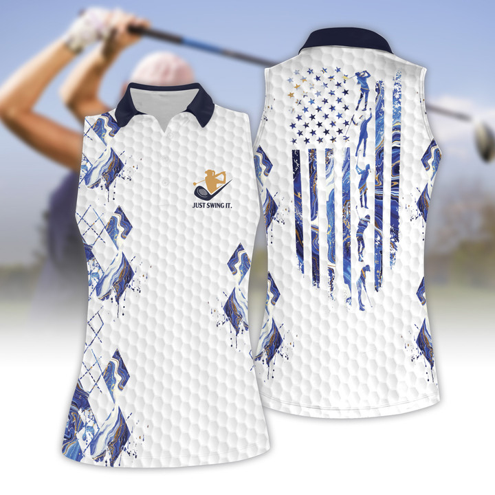 Blue Marble American Flag Women Short Sleeve Polo Shirt, Sleeveless Polo Shirt