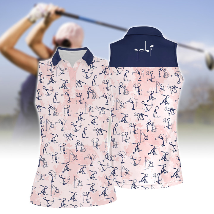 Pink Seamless Golf Stick Figures Women Short Sleeve Polo Shirt, Sleeveless Polo Shirt