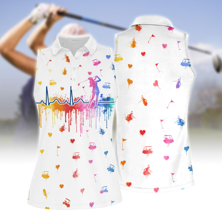 Women Golf Heart Beat Water Color Women Short Sleeve Polo Shirt, Sleeveless Polo Shirt, Sport Culottes With Pocket