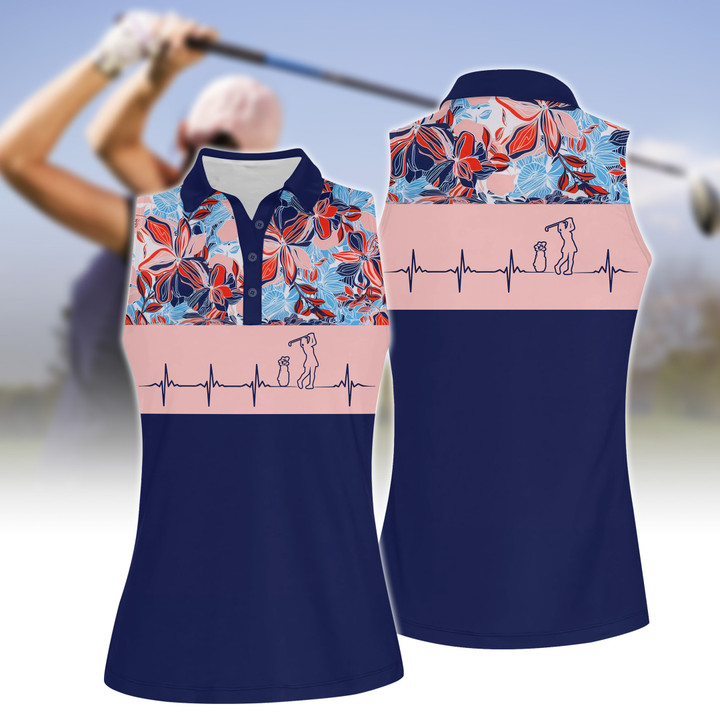 Heart Beat Golf Tropical Flower Women Short Sleeve Polo Shirt, Sleeveless Polo Shirt