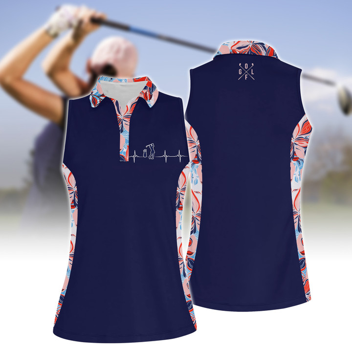 Heart Beat Golf Tropical Flower Side Pattern Women Short Sleeve Polo Shirt, Sleeveless Polo Shirt