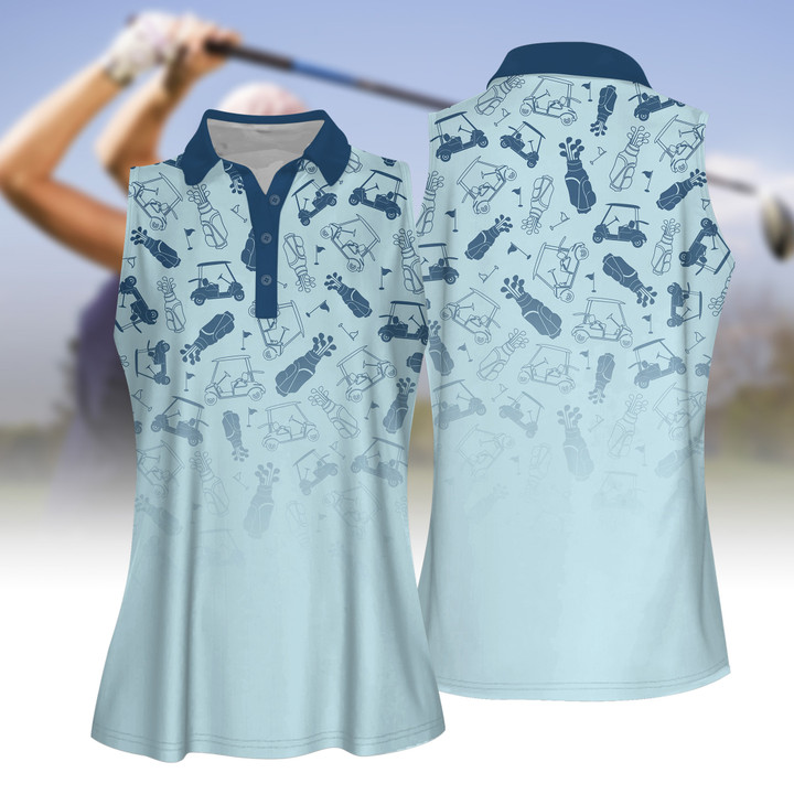 Blue Golf Set Women Short Sleeve Polo Shirt, Sleeveless Polo Shirt