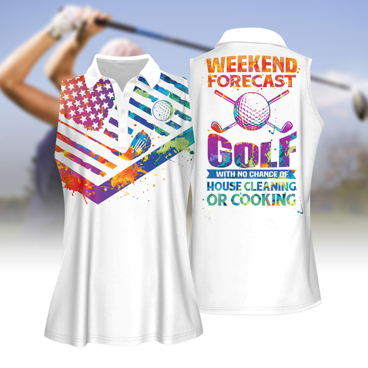 Watercolor America Flag Weekend Forecast Women Short Sleeve Polo Shirt, Sleeveless Polo Shirt
