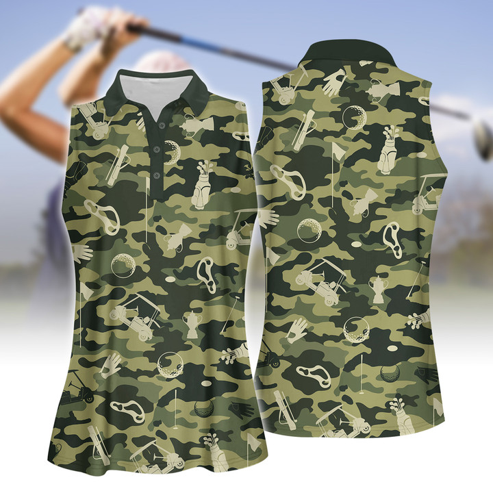 Green Camouflage Golf Set Women Short Sleeve Polo Shirt, Sleeveless Polo Shirt, Sport Culottes With Pocket