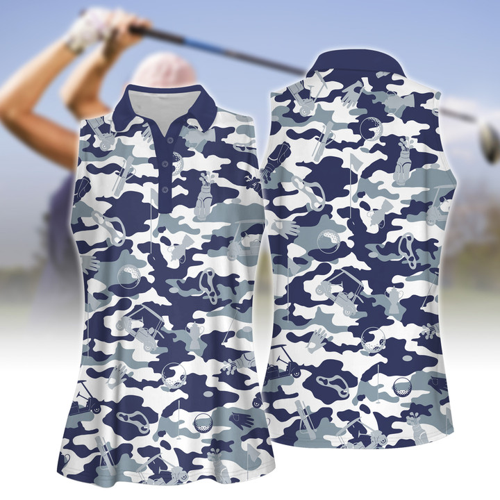 Blue And White Camouflage Golf Set Women Short Sleeve Polo Shirt, Sleeveless Polo Shirt, Sport Culottes With Pocket