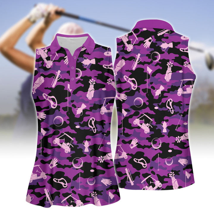 Black Pink Camouflage Golf Set Women Short Sleeve Polo Shirt, Sleeveless Polo Shirt, Sport Culottes With Pocket