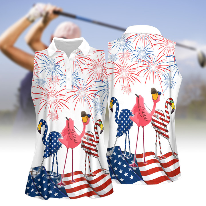 4th Of July Patriotic Funny Flamingo Golf Women Short Sleeve Polo Shirt, Sleeveless Polo Shirt