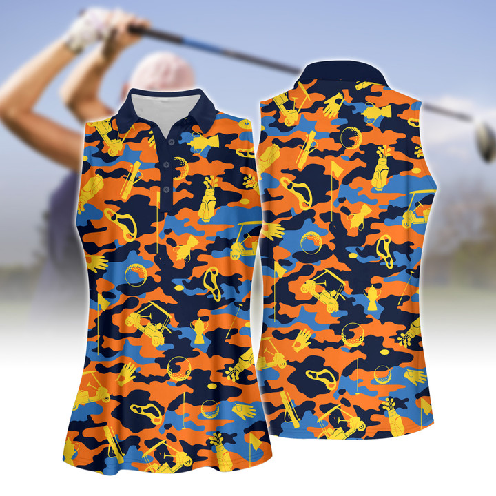 Blue And Orange Golf Set Women Short Sleeve Polo Shirt, Sleeveless Polo Shirt, Sport Culottes With Pocket