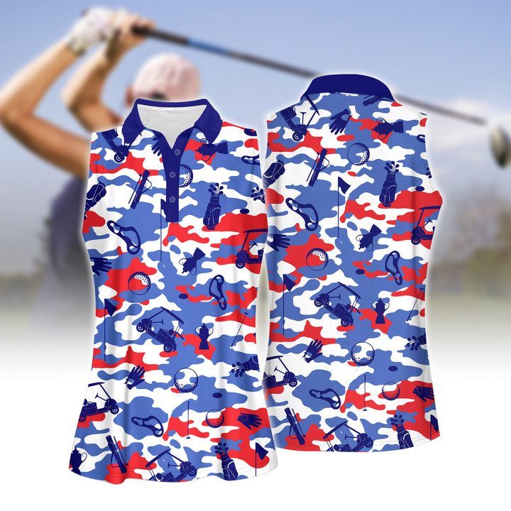 Blue And Red And White Golf Set Women Short Sleeve Polo Shirt, Sleeveless Polo Shirt, Sport Culottes With Pocket