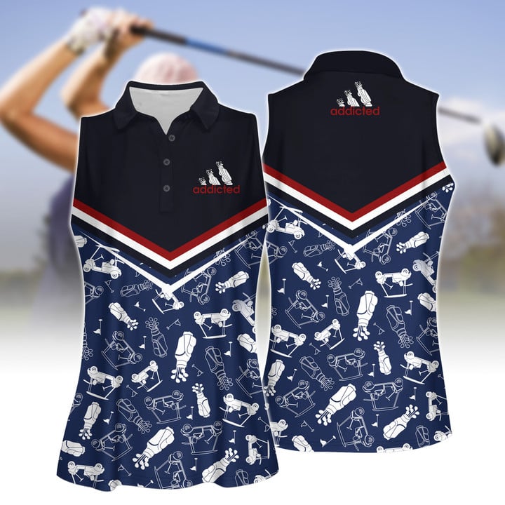 Golf Addicted Line Seamless Pattern Women Short Sleeve Polo Shirt, Sleeveless Polo Shirt