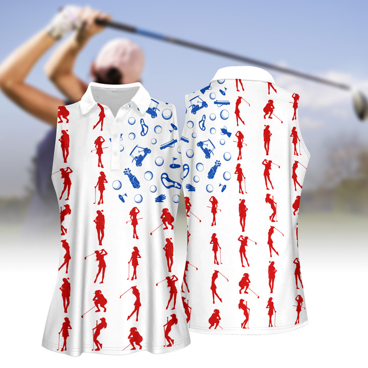 Golf Silhouette American Flag Patriotic 4th Of July Women Short Sleeve Polo Shirt, Sleeveless Polo Shirt