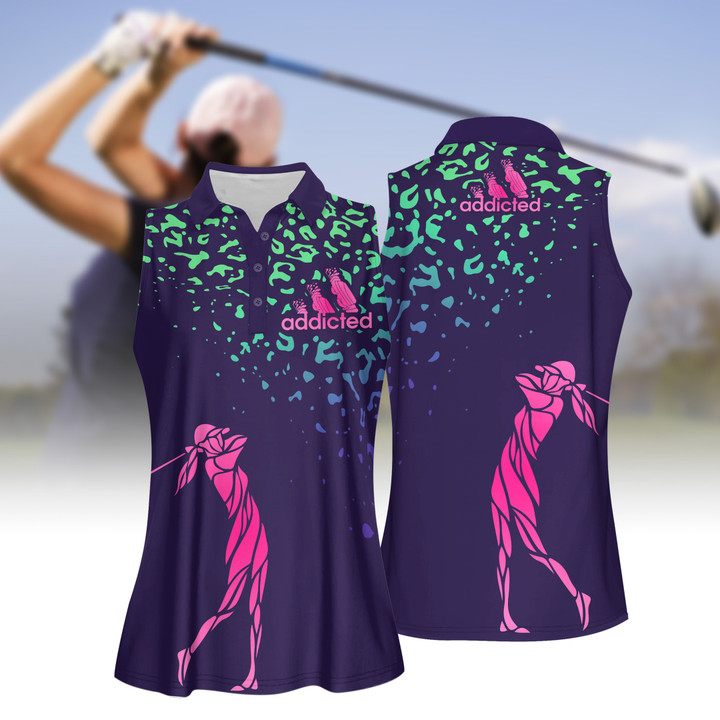 Gradient Women Golf Silhouette Leopard Women Short Sleeve Polo Shirt, Sleeveless Polo Shirt