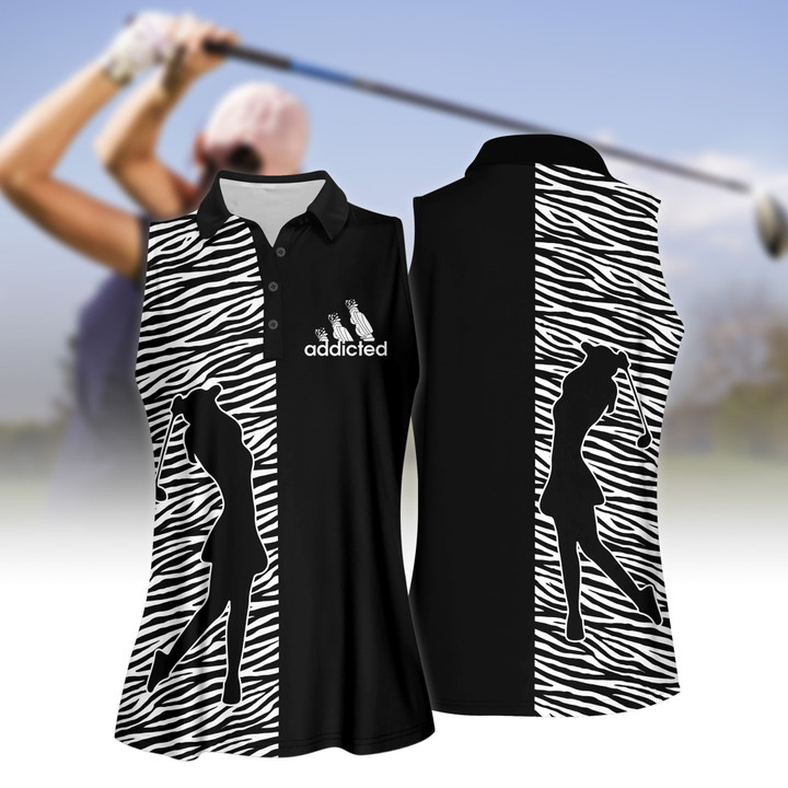 Zebra Pattern Golf Addicted Women Short Sleeve Polo Shirt, Sleeveless Polo Shirt